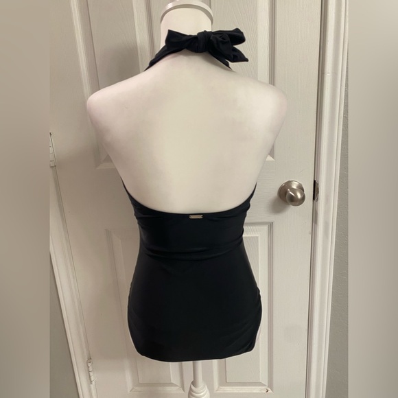 DKNY Solid Black Halter Deep V-Neck One-Piece Bathing Suit Ruched Medium - Picture 4 of 10